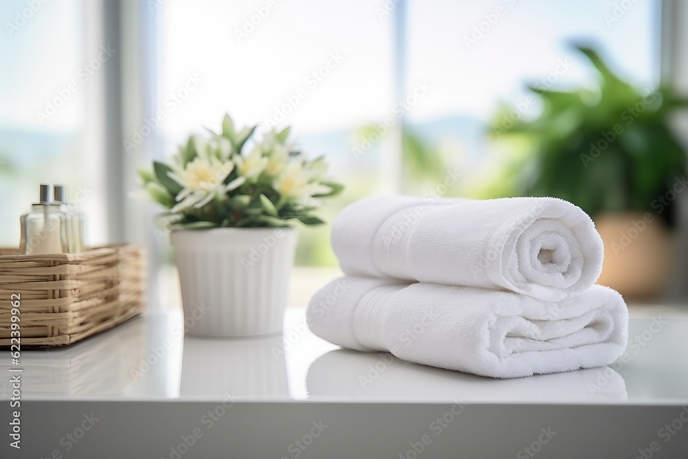 interior design, roll up of white towels on white table with copy space on blurred living room background. created generative ai.