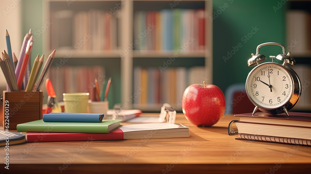 Teacher table with school objects, items and accessories, Generative AI Teacher table with school objects, items and accessories, Generative AI