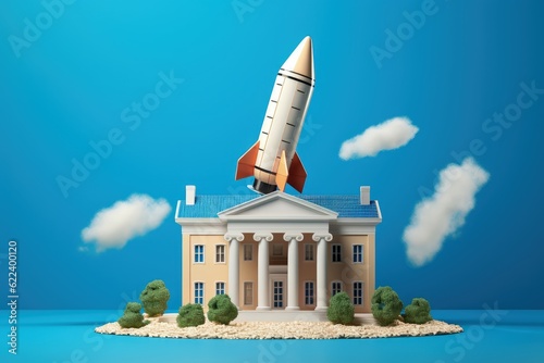Rocket taking off near bank in classic architecture style, bank startup concept, Generative AI
