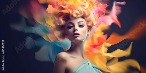 Foto Haute couture or high fashion design in vivid colorful makeup on woman model on isolated background