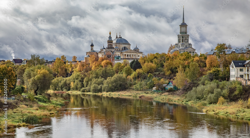 Russian scenic landscape, small provincial town Torzhok and Volga river