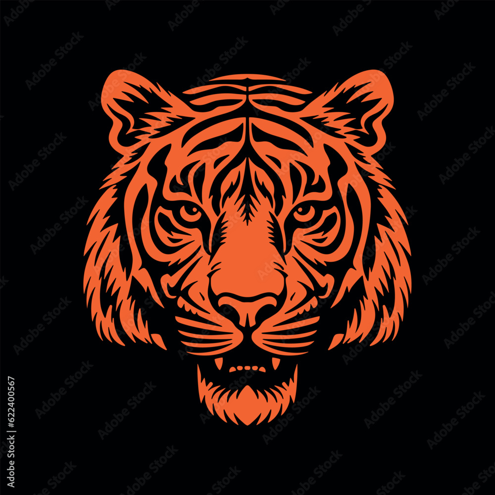 Orange tiger head silhouette, vector illustration on black background Orange tiger head silhouette, vector illustration on black background