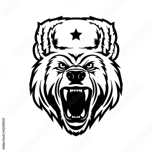 Vector roaring Russian bear in a traditional hat with a star, isolated on a white background