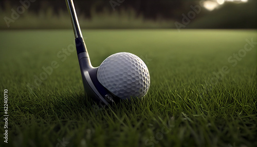 Close up golf club and ball on green grass lawn of course background Ai generated image