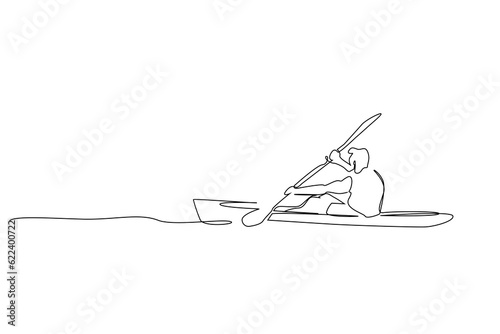 young person water sea boat canoe kayaking activity one line art