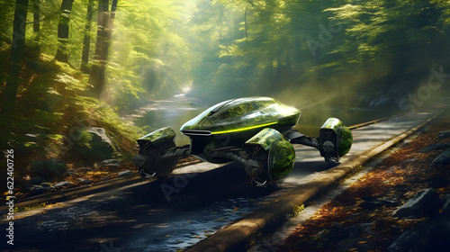 An innovative electric vehicle zooming through a lush, green forest trail, leaving a trail of swirling leaves in its wake.