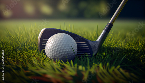 Close up golf club and ball on green grass lawn of course background Ai generated image