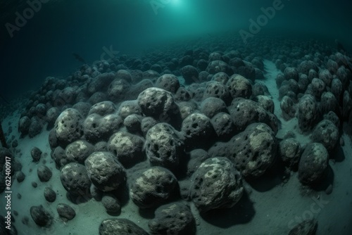 Hidden Treasures  Photographic Capture of a Field of Manganese Nodules Underwater  Unveiling the Fascinating Underwater Landscape and Geological Phenomena