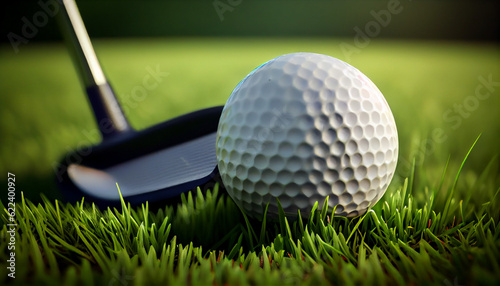 Close up golf club and ball on green grass lawn of course background Ai generated image