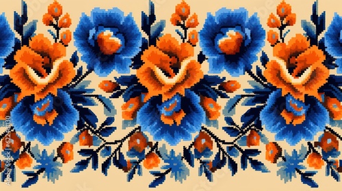 folk patterns blue and orange flowers.Generative AI