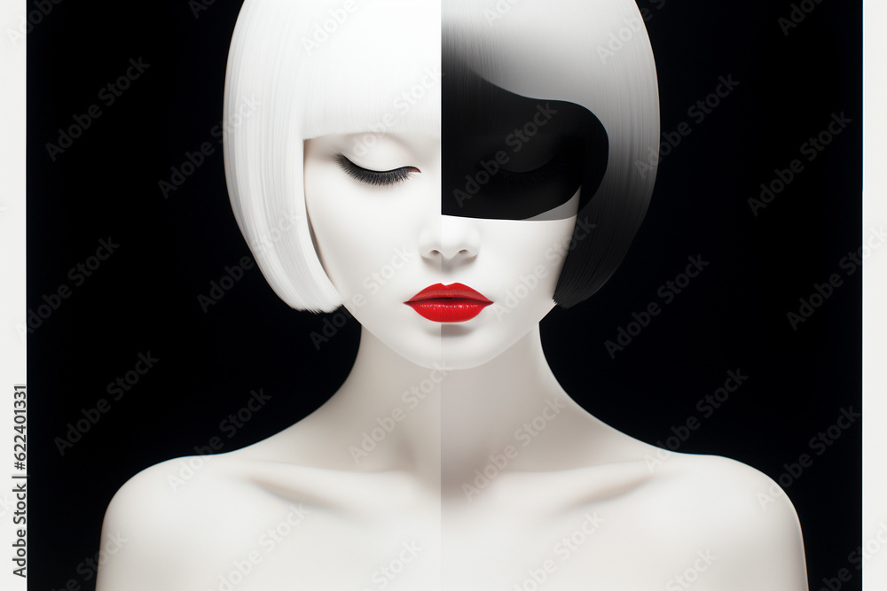 femme en noir et blanc avec du rouge à lèvres - IA Generative