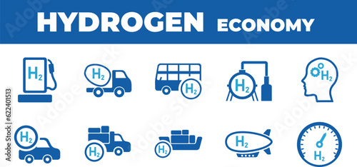 Hydrogen economy vector illustration. Concept with connected icons related to hydrogen use as fuel, in industrial processes, hydrogen storage and transport