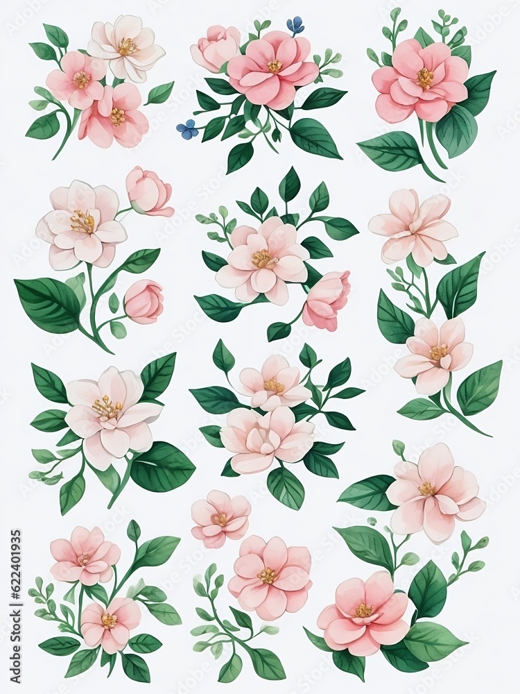 Floral set on white background, created with Generative AI technology.	