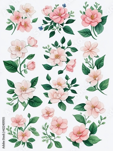 Floral set on white background, created with Generative AI technology. © Veronika