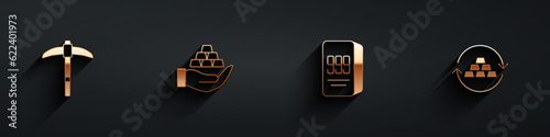 Set Pickaxe, Gold bars in hand, 24k and exchange money icon with long shadow. Vector