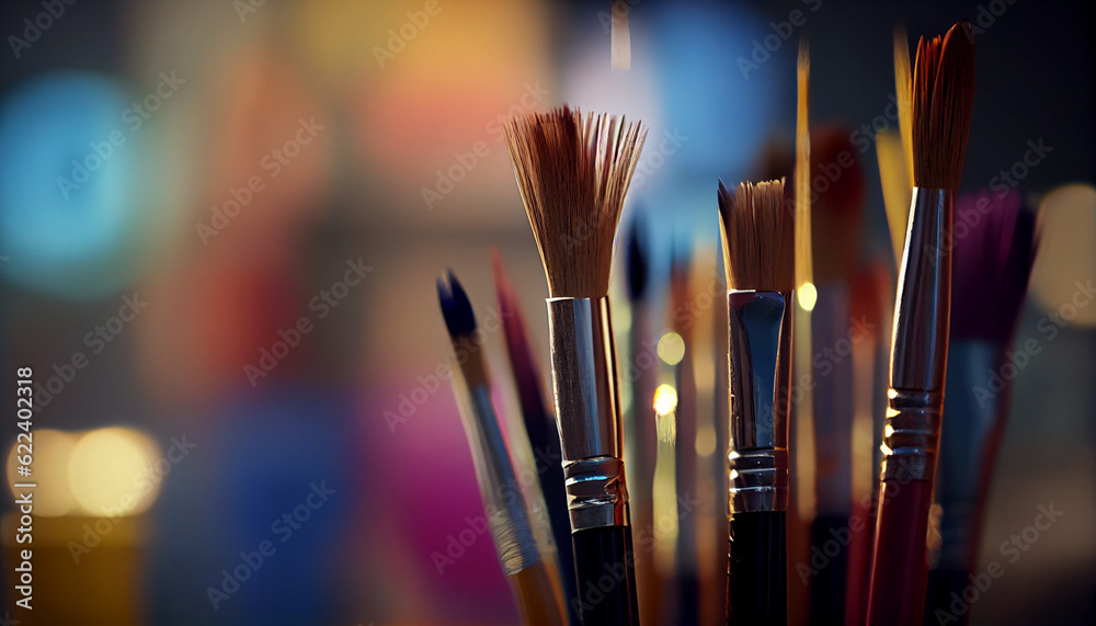 Close up paintbrushes on blurred indoor artistic studio background. Art tools Ai generated image Close up paintbrushes on blurred indoor artistic studio background. Art tools Ai generated image