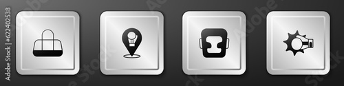 Set Sport bag, Boxing glove, helmet and Punch boxing icon. Silver square button. Vector