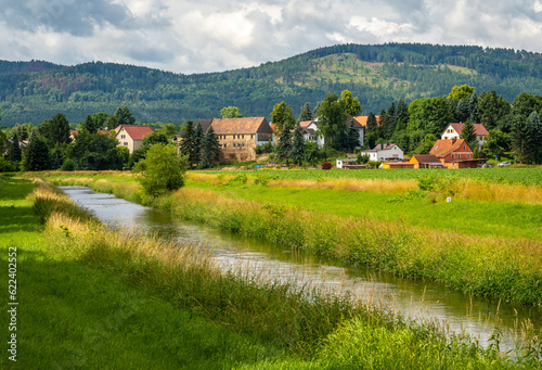 Lusatian Neisse river at tri-border area nearby Hradek nad Nisou, viewed from czech side photo