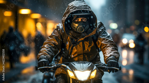 Mann auf einem Motorrad/Fahrrad im Regen, man on a bicycle in heavy rain © Comofoto