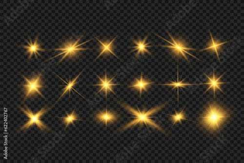  Illustration of bright beautiful light effects.Set of sparkling stars. 