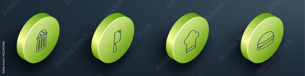 Set Isometric line Salt, Meat chopper, Chef hat and Burger icon. Vector Set Isometric line Salt, Meat chopper, Chef hat and Burger icon. Vector