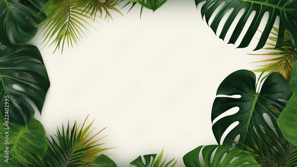 Monstera leaves frame with copy space tropical banner