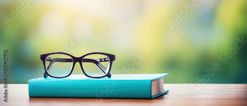 Back To School Concept: glasses on top of a blue book with blurred bokeh nature background with copy space