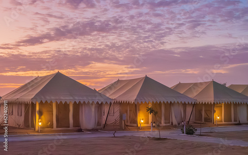 Luxury tents for Tourist with Dramatic sky during sunrise