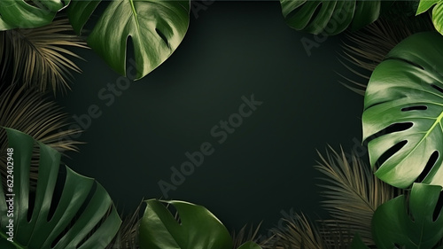 Monstera leaves frame with copy space tropical banner