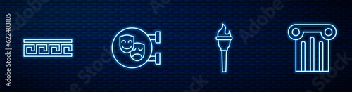 Set line Torch flame, Ancient Greek pattern, Comedy and tragedy masks and column. Glowing neon icon on brick wall. Vector