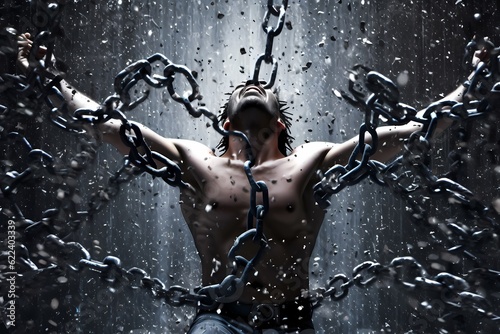 Person breaking free from chains or constraints, representing liberation and newfound freedom. Generative ai.