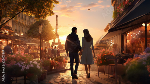 Couple walking hand in hand at sunset in Paris