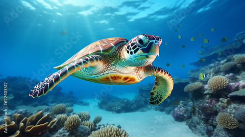 Sea turtle swimming in the ocean among colorful coral reef. Underwater world. Hawaiian Green sea turtle swimming in coral reef. Beautiful Underwater world. Marine life. 3d render illustration