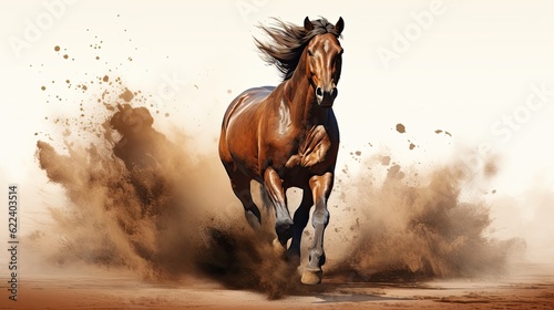 A brown horse gallops through a dusty field. (Illustration, Generative AI)