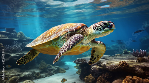  Sea turtle swimming in the ocean among colorful coral reef. Underwater world. Hawaiian Green sea turtle swimming in coral reef. Beautiful Underwater world. Marine life. 3d render illustration