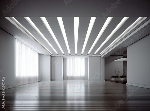 suspended ceiling with halogen spots lamps and drywall construction in empty room in apartment or house. Stretch ceiling white and complex shape. Created with Generative AI technology.