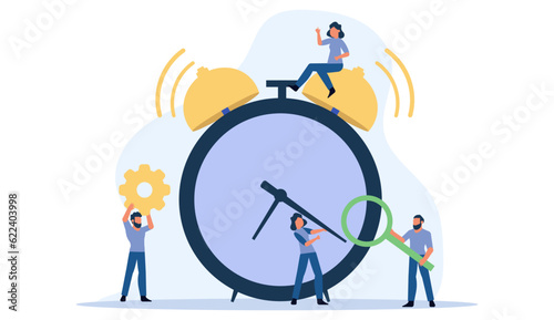 Morning time for business people work icon. Man and woman concept vector illustration flat office banner. Schedule planner date clock event. Deadline team alert bell problem network stress