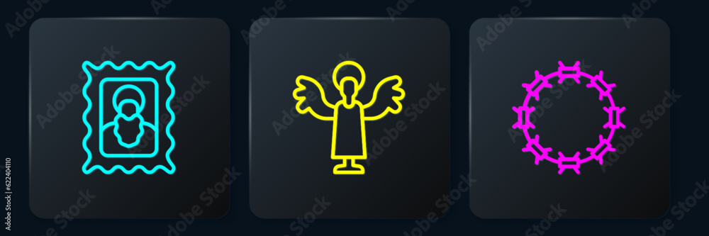 Set line Christian icon, Crown of thorns and Angel. Black square button. Vector Set line Christian icon, Crown of thorns and Angel. Black square button. Vector