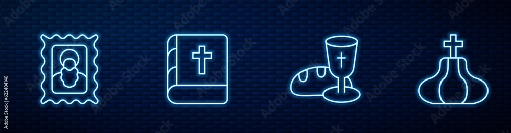 Set line Goblet and bread, Christian icon, Holy bible book and Church tower. Glowing neon icon on brick wall. Vector Set line Goblet and bread, Christian icon, Holy bible book and Church tower. Glowing neon icon on brick wall. Vector