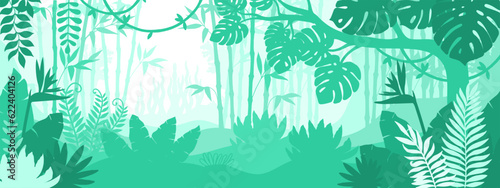 Vector horizontal green background in a cut paper style. Tropical plants, rainforest