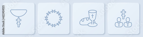 Set line Christian cross on chain, Goblet and bread, Crown of thorns and Priest. White square button. Vector