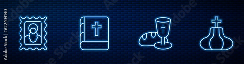 Set line Goblet and bread, Christian icon, Holy bible book and Church tower. Glowing neon icon on brick wall. Vector