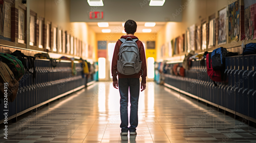 A schoolboy, with his backpack slung over one shoulder, walks down a brightly lit school hallway, the sound of echoing footsteps filling the air.