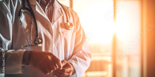 Close-up A healthcare worker in a lab coat and stethoscope standing in a hospital room.