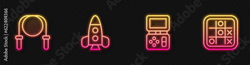 Set line Tetris electronic game, Jump rope, Rocket ship toy and Tic tac toe. Glowing neon icon. Vector