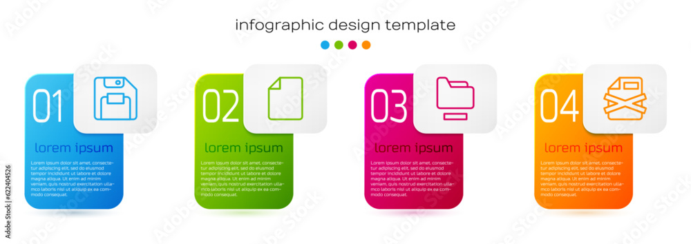Set line Floppy disk, File document, Document folder and Delete file. Business infographic template. Vector Set line Floppy disk, File document, Document folder and Delete file. Business infographic template. Vector