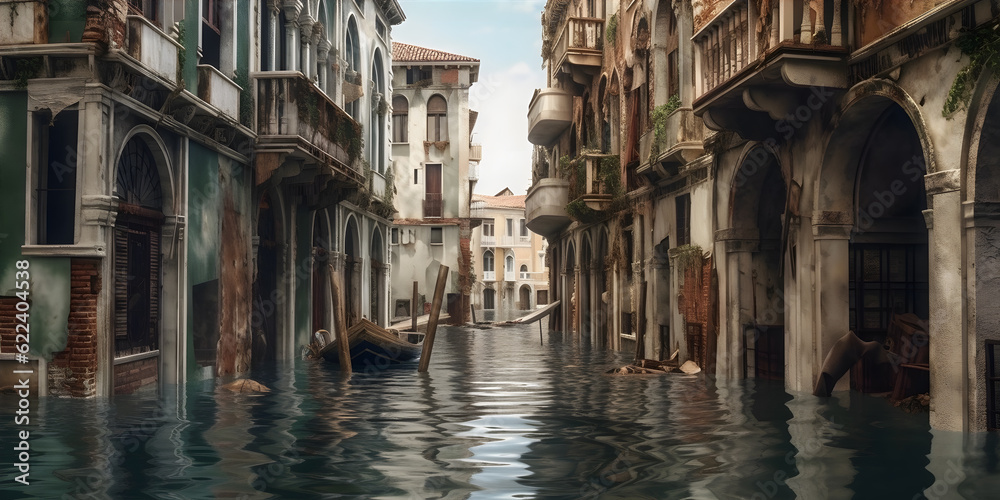 A coastal city engulfed by rising sea levels, with submerged buildings
