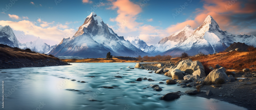 Landscape photo of Mt. Everest at sunset - obrazy, fototapety, plakaty 