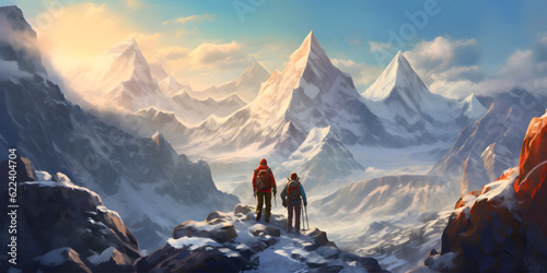 A couple backpacking through a snow-covered mountain range, surrounded by towering peaks, a mix of excitement and serenity