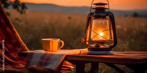 Cozy camping scene with a glowing lantern hanging from a tree branch, illuminating the area around it. The lantern casts a soft golden light on a rustic camping chair